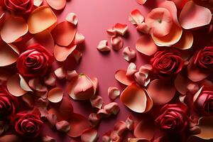 ai generado pétalo perfección Rosa flores y papel picado formar un romántico enamorado marco foto