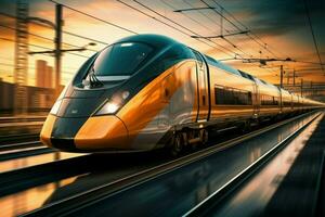 AI generated Speedy commute High speed train in motion on the railway photo