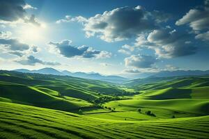 AI generated Landscape allure Illustration of a green field grass hills scene photo