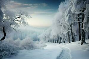 AI generated Seasons greeting Winter holiday forest landscape photo