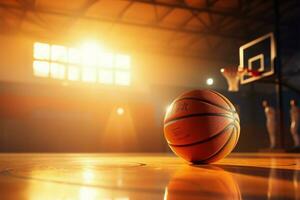 ai generado Corte competencia baloncesto juego con pelota, aro, y equipo Puntuación foto