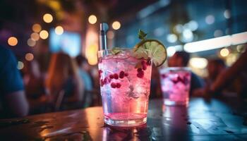 AI generated people in a party drinking glasses of sangria in background with colorful lights photo