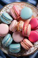 AI generated nine small pink and blue macaroons sit on a plate in front of an empty plate photo