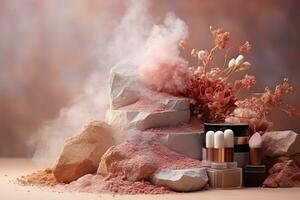 AI generated of cosmetic products on a rock photo