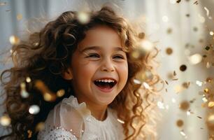 AI generated little girl smiling and laughing while a silver balloon explodes photo
