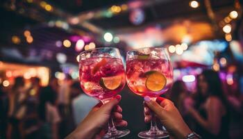 AI generated people in a party drinking glasses of sangria in background with colorful lights photo