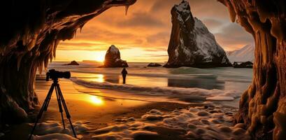 AI generated photographer taking picture in an ice cave near sunset photo