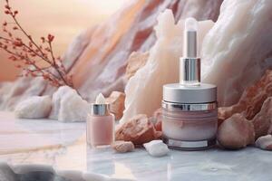 AI generated of cosmetic products on a rock photo