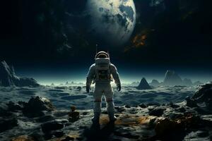 AI generated Space traveler Astronaut wearing a spacesuit exploring the moons surface photo