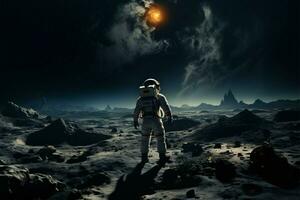AI generated Astronomy odyssey Astronaut in space suit walks on the moon photo