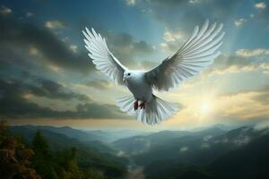 ai generado plumado elegancia pacífico blanco paloma se eleva alto en el cielo foto