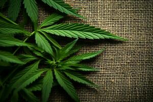 AI generated Hemp backdrop Cannabis leaves on the natural, textured hemp background photo