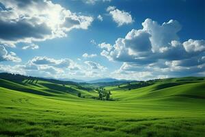 ai generado vibrante panorama verde campo césped colinas paisaje en un realista ilustración foto