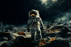 AI generated Space traveler Astronaut wearing a spacesuit exploring the moons surface photo