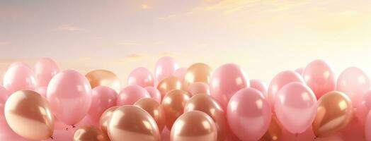 AI generated pink and gold balloons against a background photo