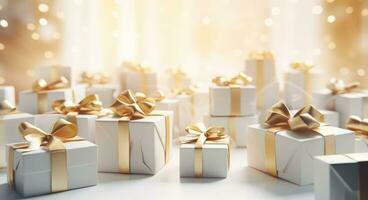 AI generated white and gold gift boxes with gift tags photo