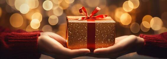 AI generated person hands out a gold gift inside of christmas tree lights photo