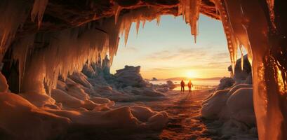 AI generated photographer taking photo of sun setting behind some ice cavern