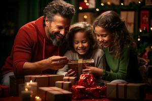 ai generado contento familia tomando imágenes de regalos, social medios de comunicación retrato foto