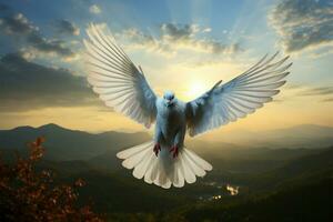 AI generated Peaceful ascent White dove soars with hope in the sky photo