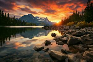 ai generado excursionismo refugio alto tatra montaña picos, calma lago, otoño puesta de sol foto