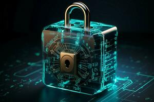 AI generated Data protection Cyber security concept with padlock on blue background, 3D photo