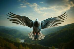 AI generated Wings of freedom Pigeon in flight, symbolizing peace and purity photo