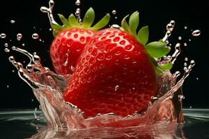 AI generated Berry burst Strawberry dives into a glass, creating a refreshing splash photo