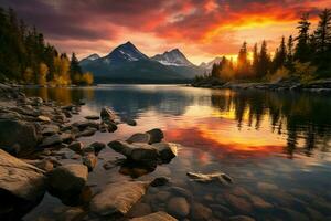 ai generado otoño aventuras alto tatra montaña picos, sereno lago, vibrante puesta de sol foto