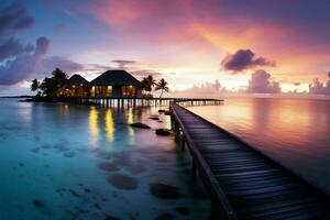 AI generated Maldives sunset Beach paradise with colorful skies, water villas, and tranquility photo