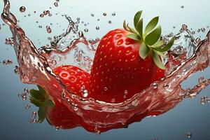 AI generated Fruity immersion Strawberry makes a splash into a glass on white photo