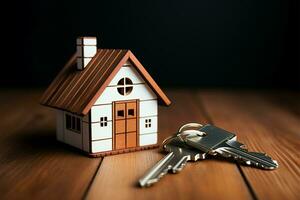AI generated Home ownership Wooden background featuring a house key with keychain photo