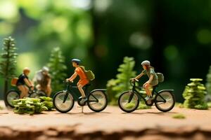 ai generado deportivo paseo miniatura personas montando bicicletas con un vibrante verde antecedentes foto