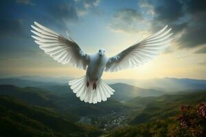 AI generated Feathered elegance Peaceful white dove soars high in the sky photo