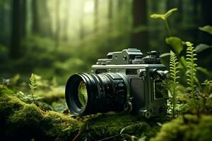 AI generated Nature capture Film camera with serene nature background, copy space photo