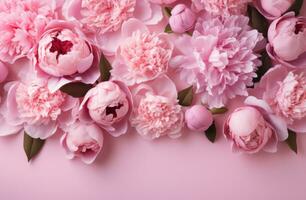 AI generated pink peonies, flowers arranged on pink background with top view photo