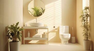 ai generado un baño en moderno baño con un planta y un blanco lavabo foto