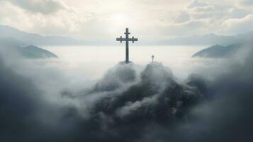 AI generated the cross surrounded by clouds and fog photo