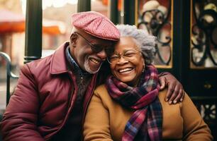 AI generated a smiling old couple hugging photo