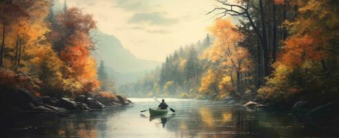 AI generated a single person canoeing down a river into the autumn foliage photo