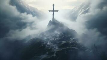 AI generated the cross surrounded by clouds and fog photo