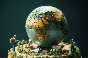 AI generated Worldly trek Miniature travelers stand on a globe, plotting their journey photo