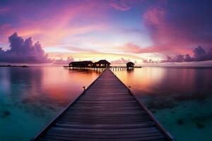 AI generated Tropical bliss Maldives sunset, serene seascape, luxury resort, vacation banner photo