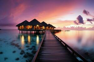 AI generated Sunset paradise Maldives seascape with tranquil scenery, luxury resort concept photo