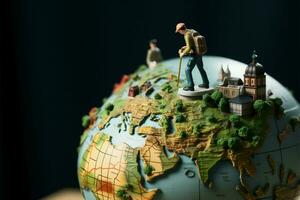 AI generated Globe explorers Miniature travelers navigate their journey across the globe photo