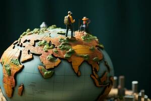 AI generated Destination journey Miniature travelers on the globe, finding their way photo