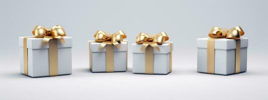 AI generated gold boxes on grey background with bow gift idea in white photo