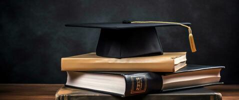 ai generado graduado la licenciatura gorra en el libros foto