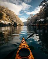 AI generated kayaker paddles down loch ness in snow and ice photo