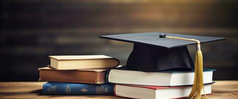 ai generado graduado la licenciatura gorra en el libros foto